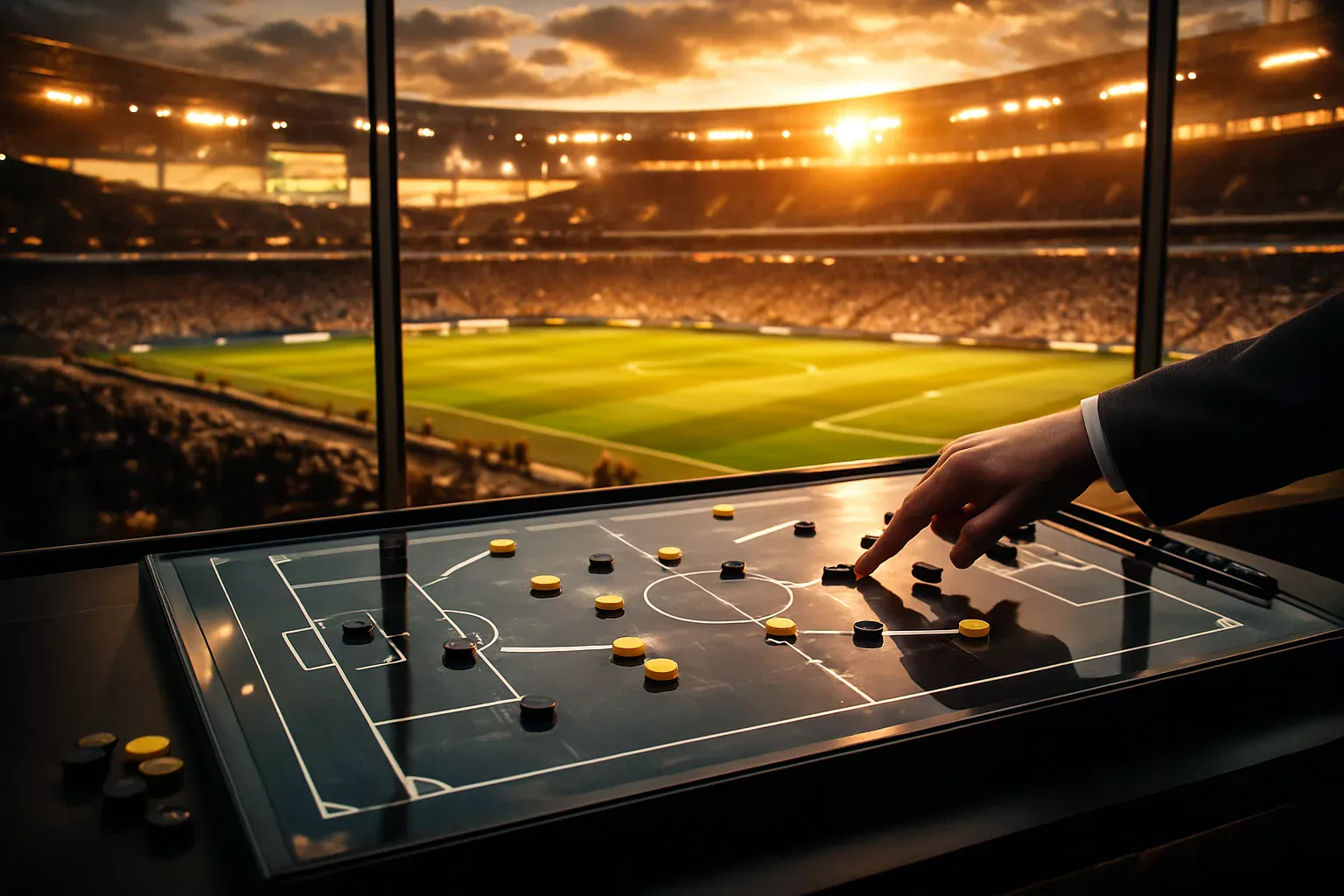Analista de futebol a estudar formações tácticas num estádio profissional ao entardecer