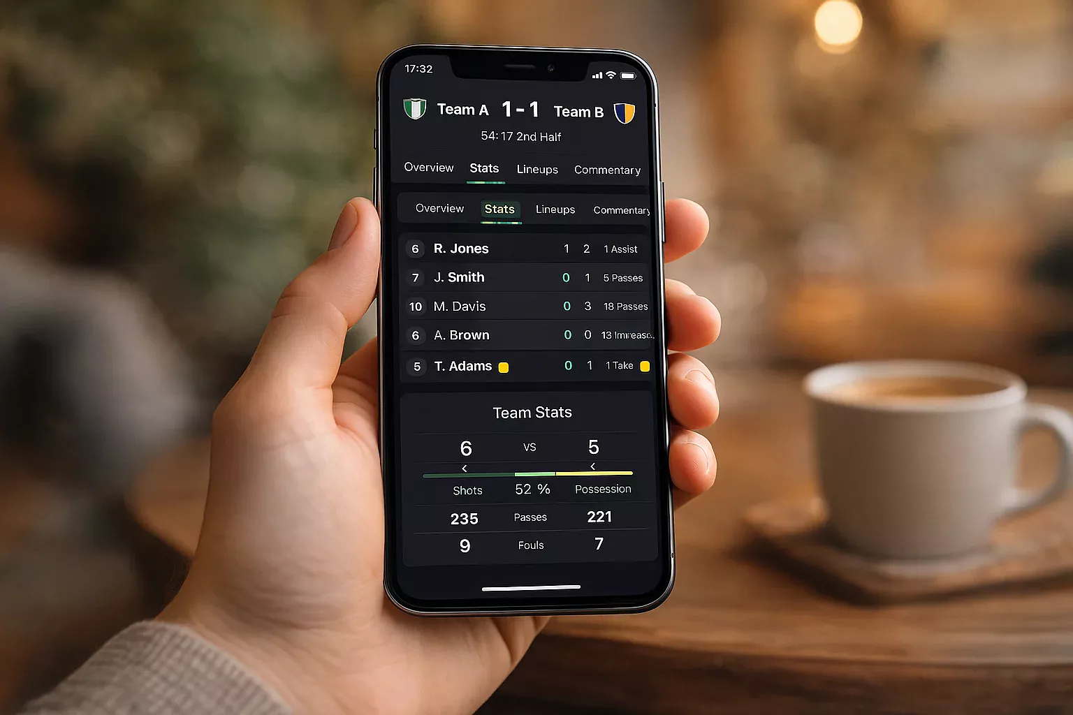 Mão a segurar um telemóvel com aplicação de estatísticas de futebol SofaScore