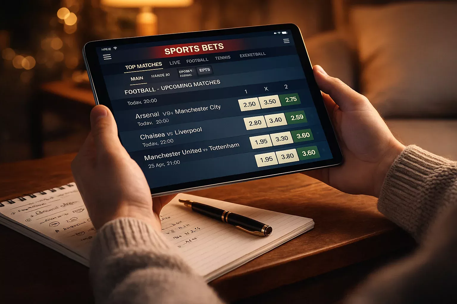 Apostador a analisar odds de futebol num tablet com gráficos de mercado