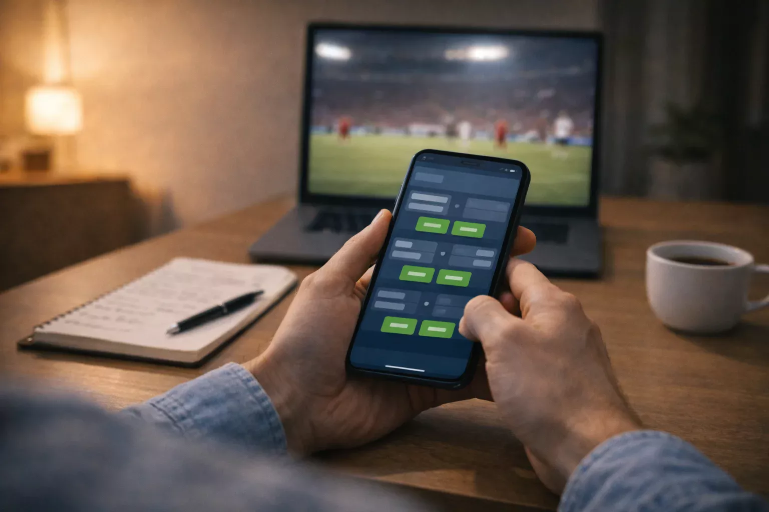 Pessoa a fazer apostas desportivas informadas num smartphone com caderno de notas e análise