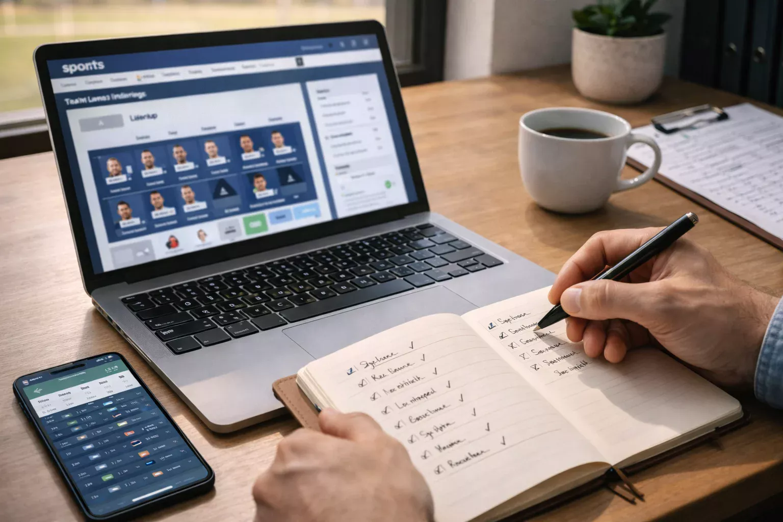 Espaço de trabalho de um apostador com portátil e smartphone a pesquisar ausências de jogadores antes de apostar