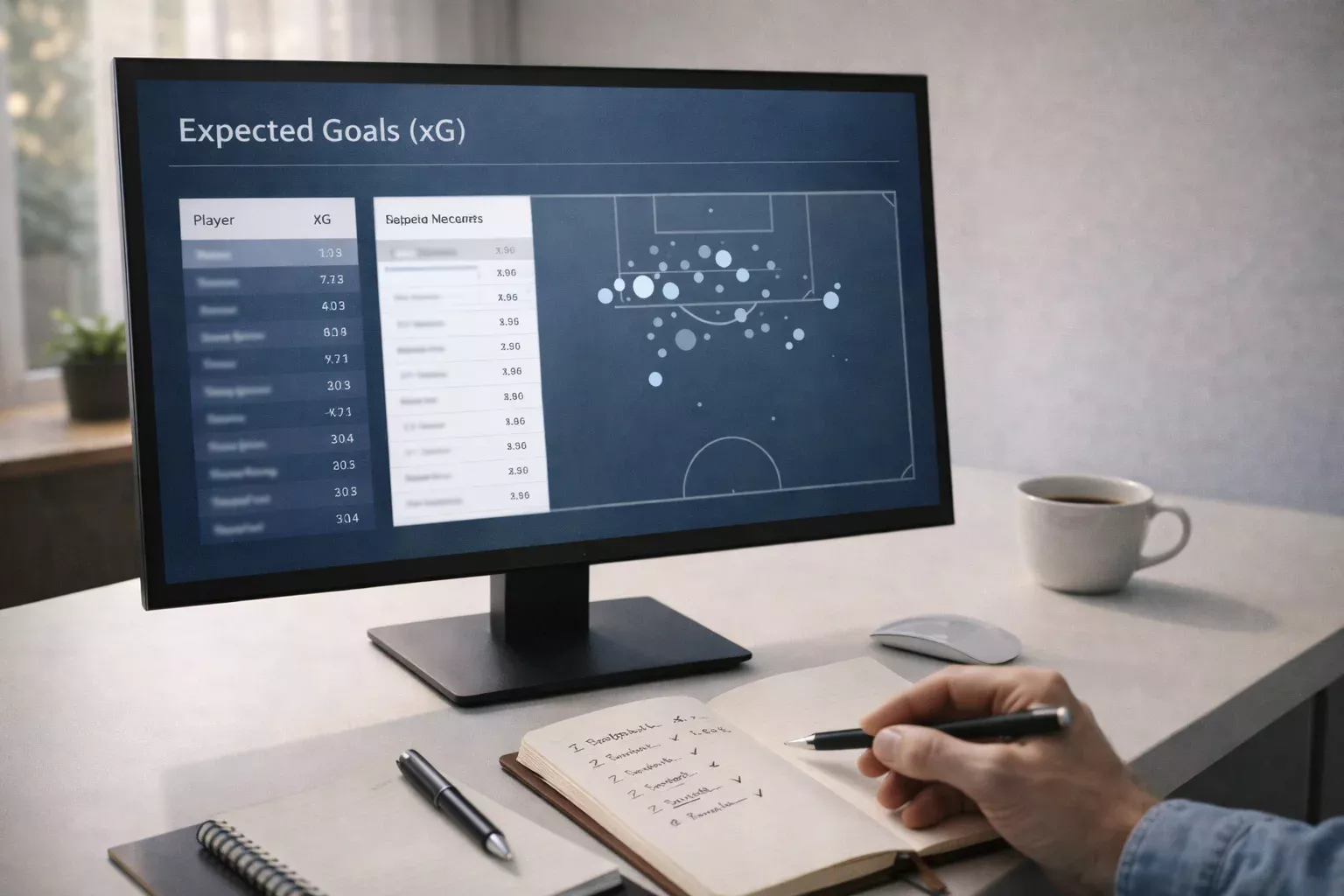 Dashboard de análise com métricas Expected Goals e estatísticas avançadas de futebol