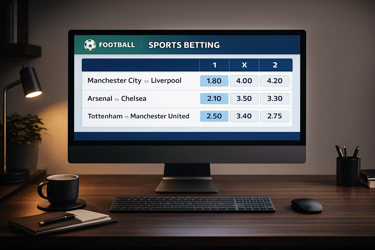 Ecrã de computador a mostrar odds de apostas desportivas para jogos de futebol