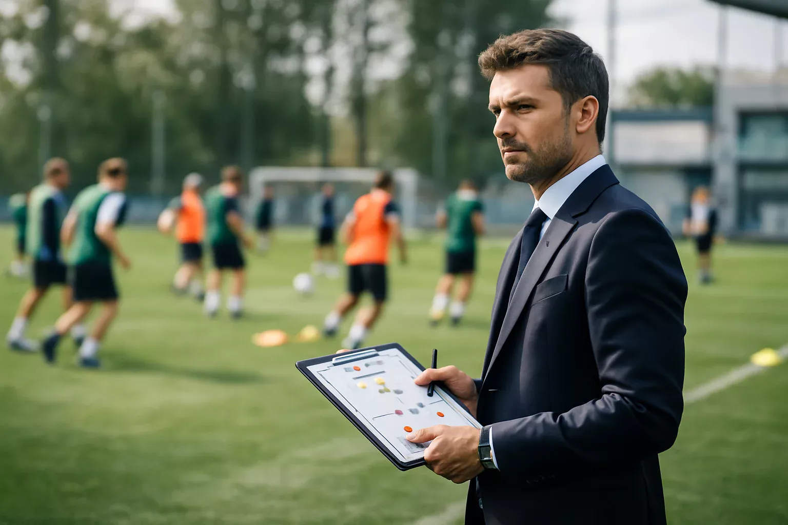 Treinador de futebol a observar e avaliar jogadores durante uma sessão de treino