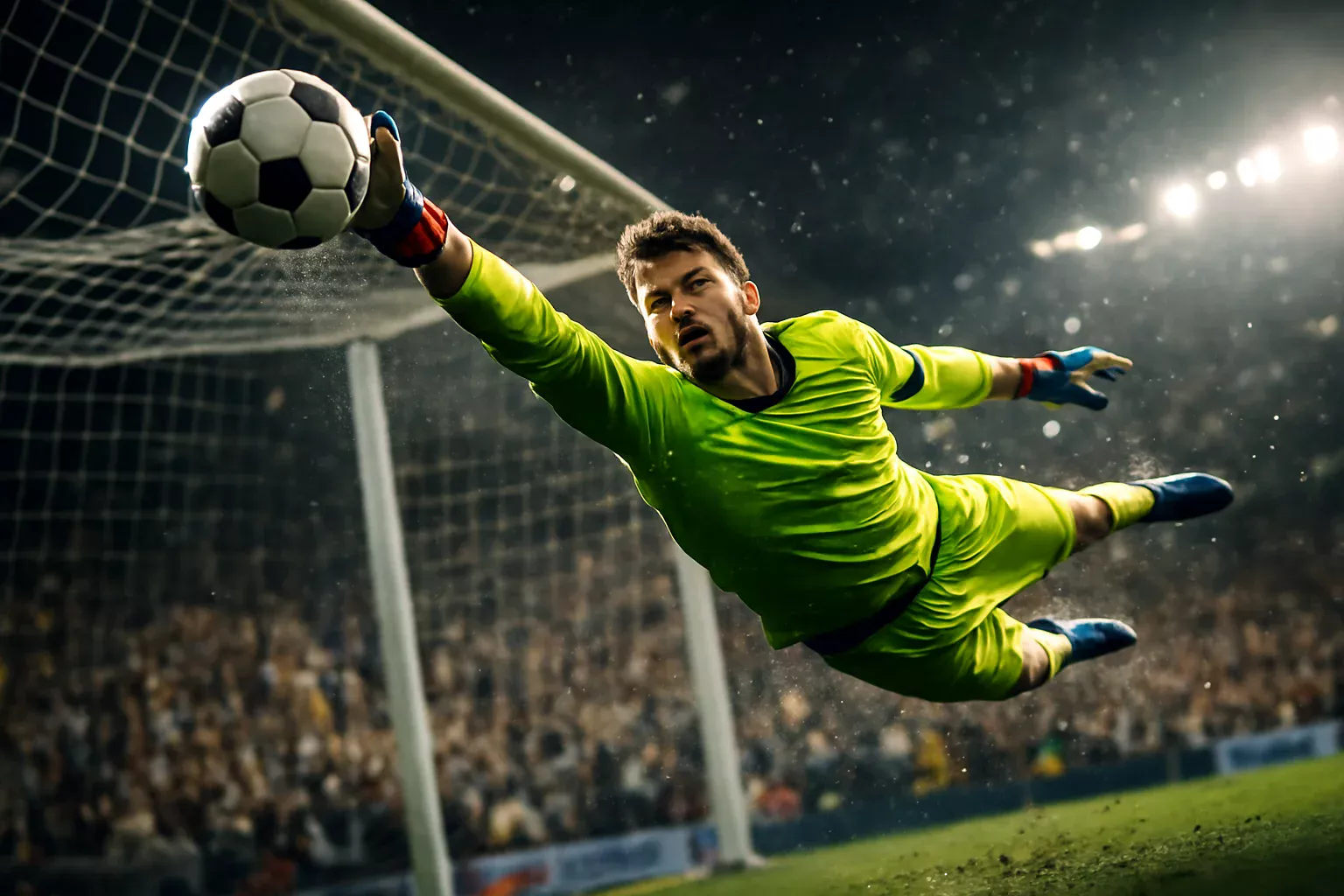 Guarda-redes profissional a fazer uma defesa espetacular durante um jogo de futebol