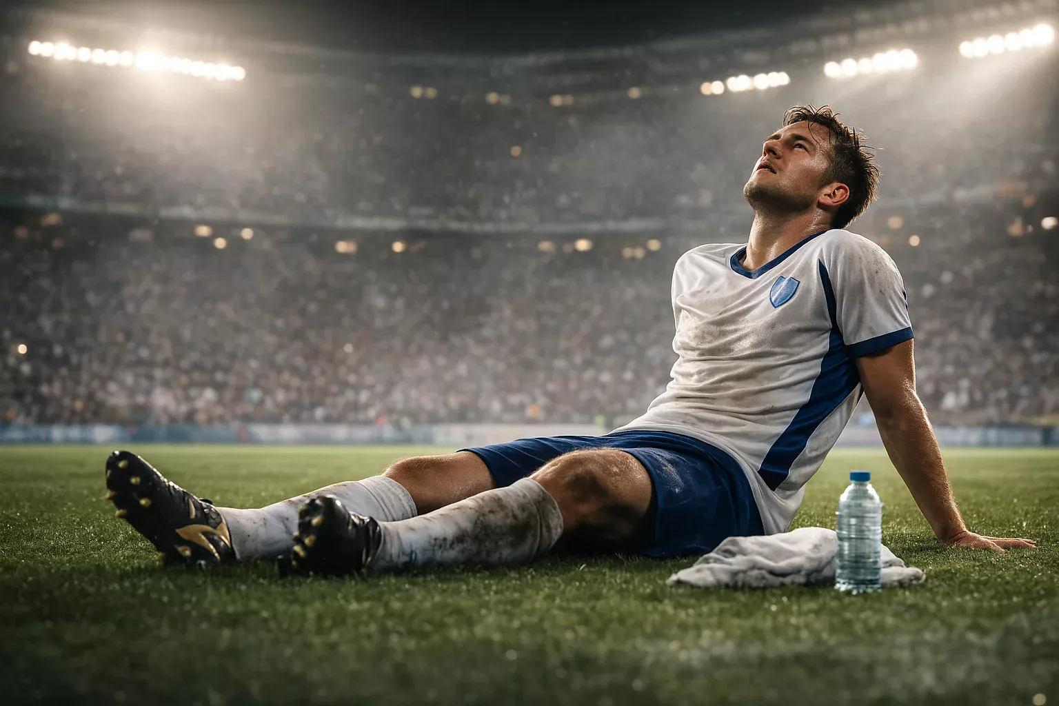 Jogador de futebol cansado a descansar no relvado durante o intervalo do jogo