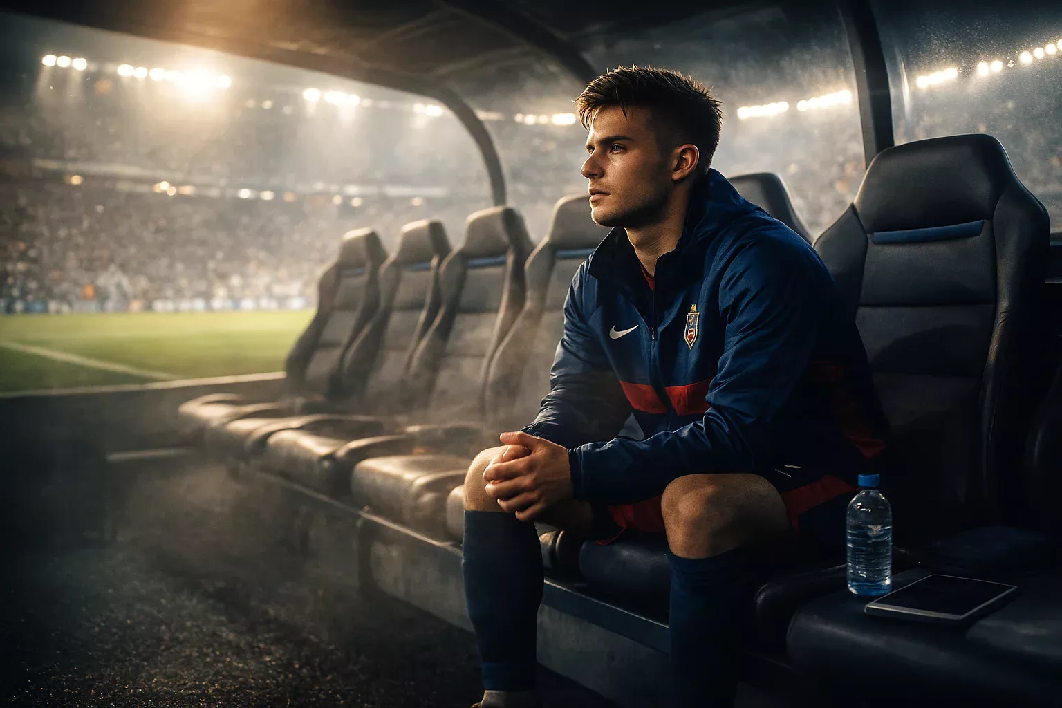 Jogador suplente de futebol sentado no banco a aguardar oportunidade de entrar em campo
