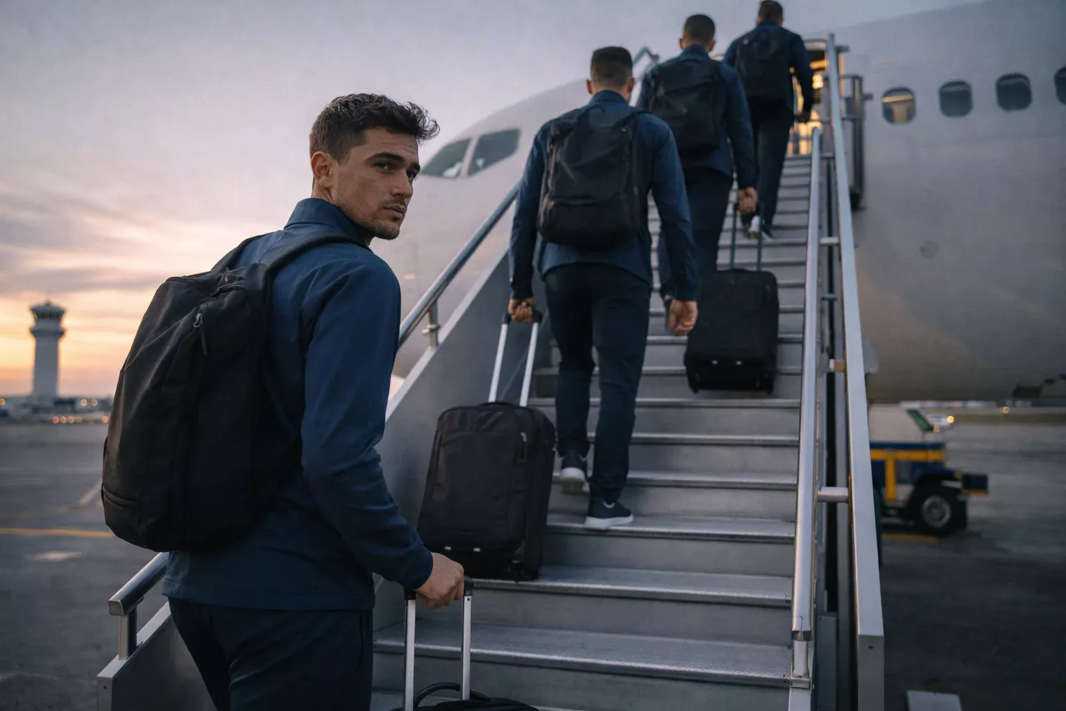 Jogadores profissionais de futebol a embarcar num avião para uma viagem de jogo europeu
