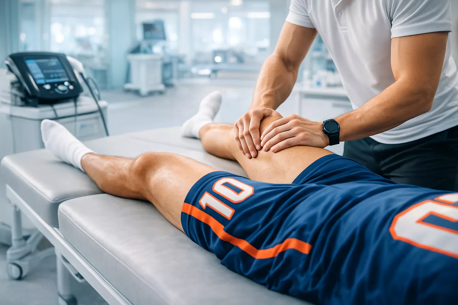 Jogador de futebol a receber tratamento de fisioterapia numa clínica desportiva moderna