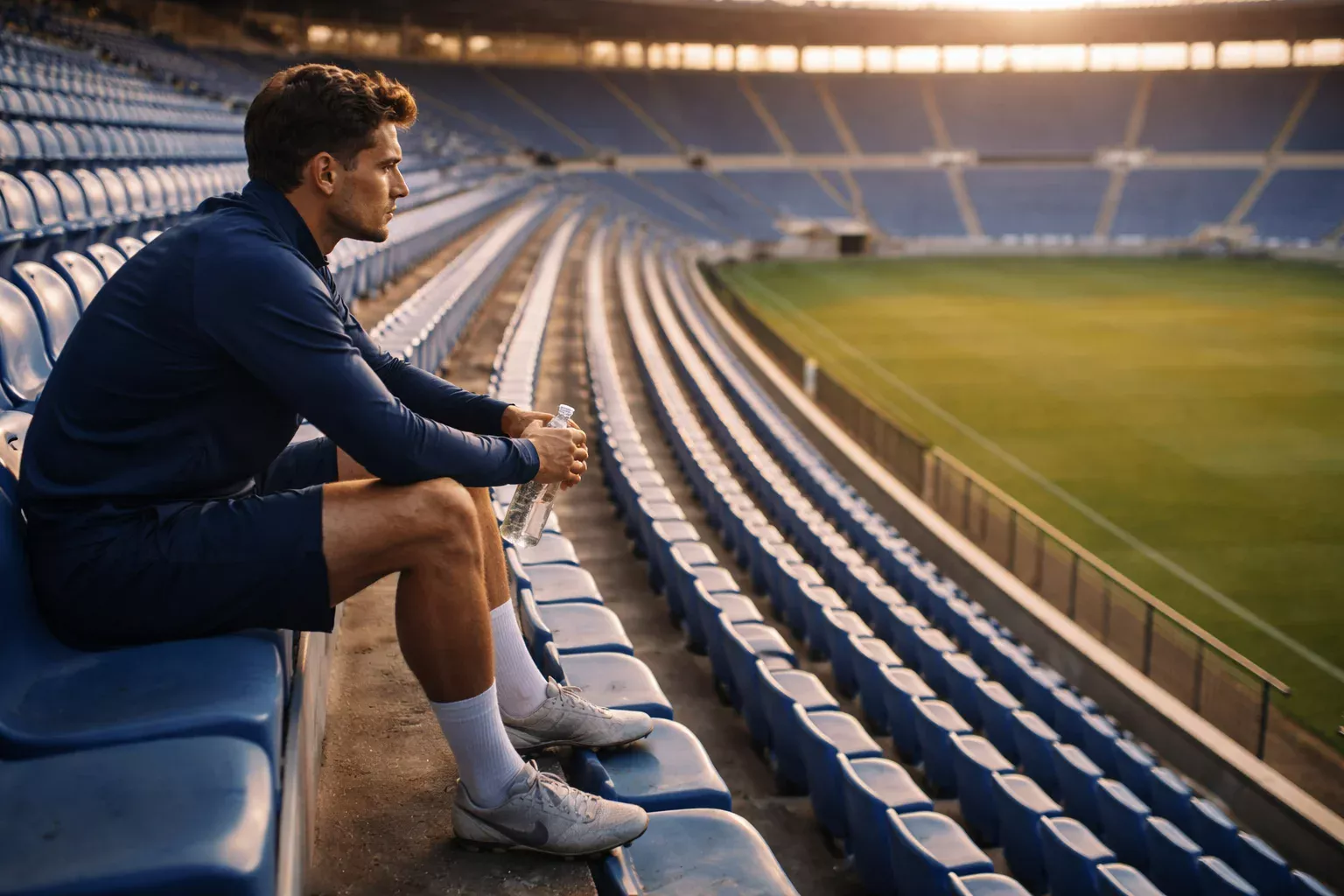 Jogador de futebol sentado sozinho nas bancadas vazias do estádio, reflectindo sobre a adaptação ao novo clube