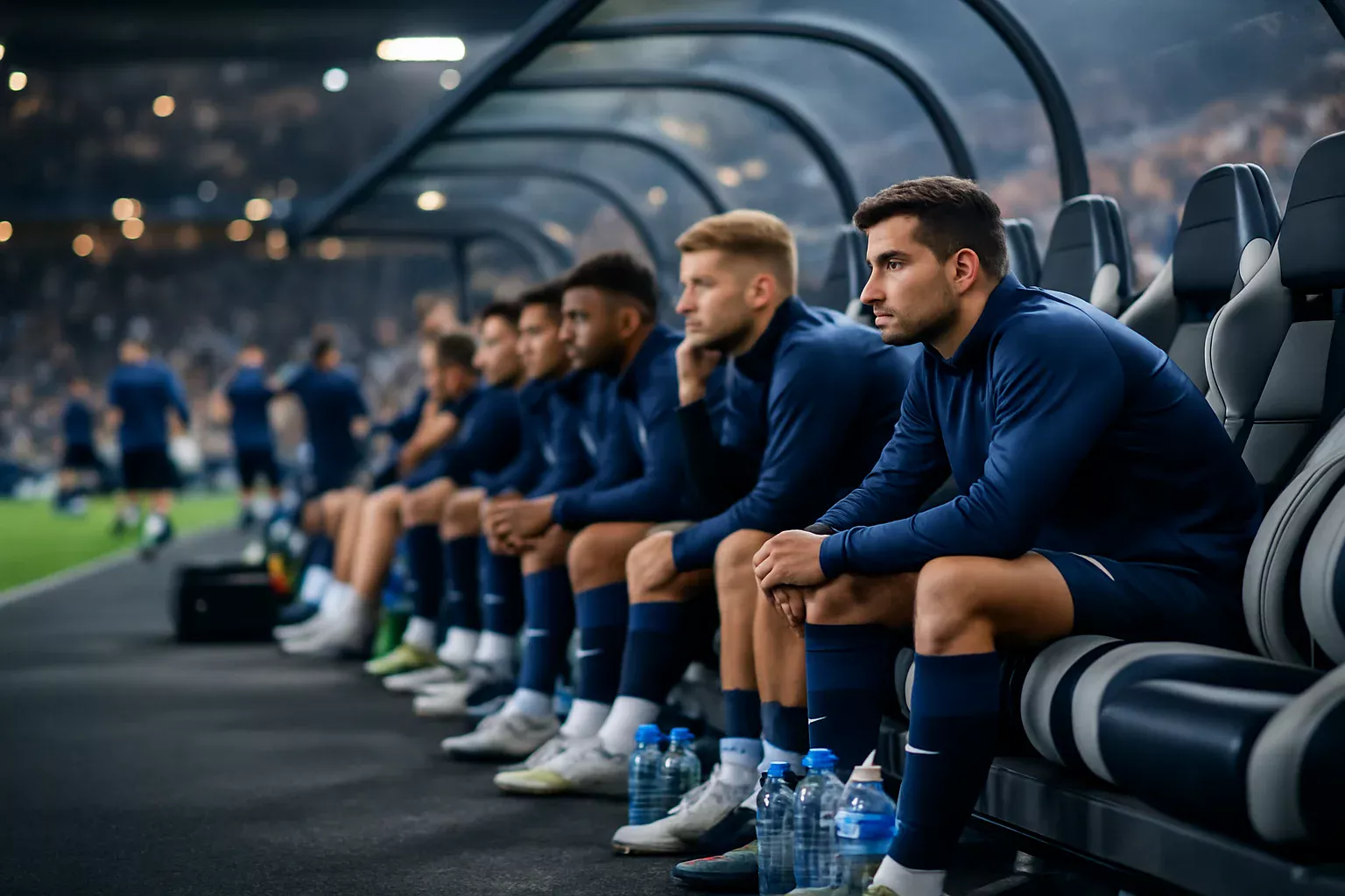 Jogadores suplentes no banco de reservas de um estádio profissional durante um jogo de futebol