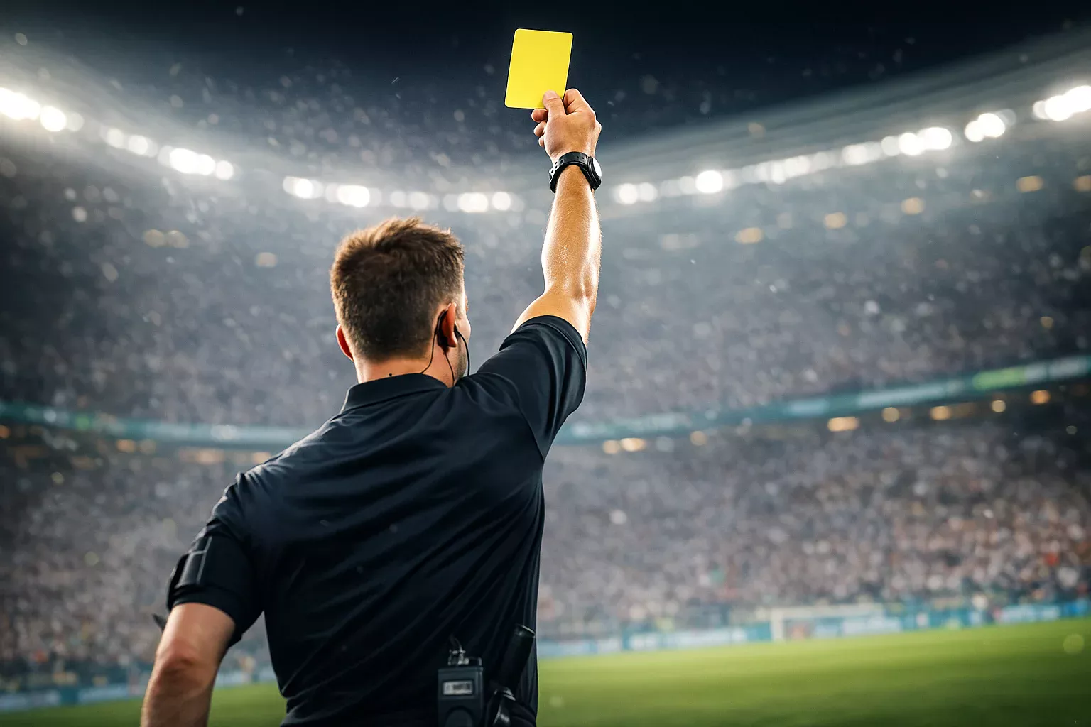 Árbitro a mostrar cartão amarelo durante um jogo de futebol, representando suspensões disciplinares
