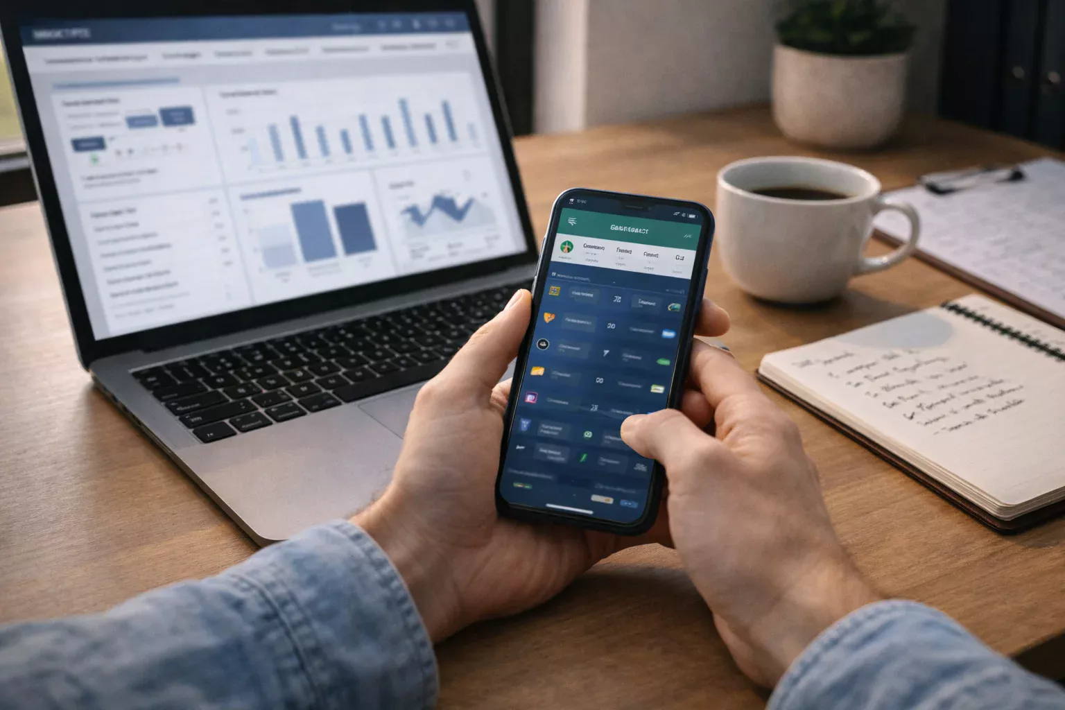 Mãos a segurar um smartphone com aplicação de futebol e portátil com análise desportiva para pesquisa de apostas