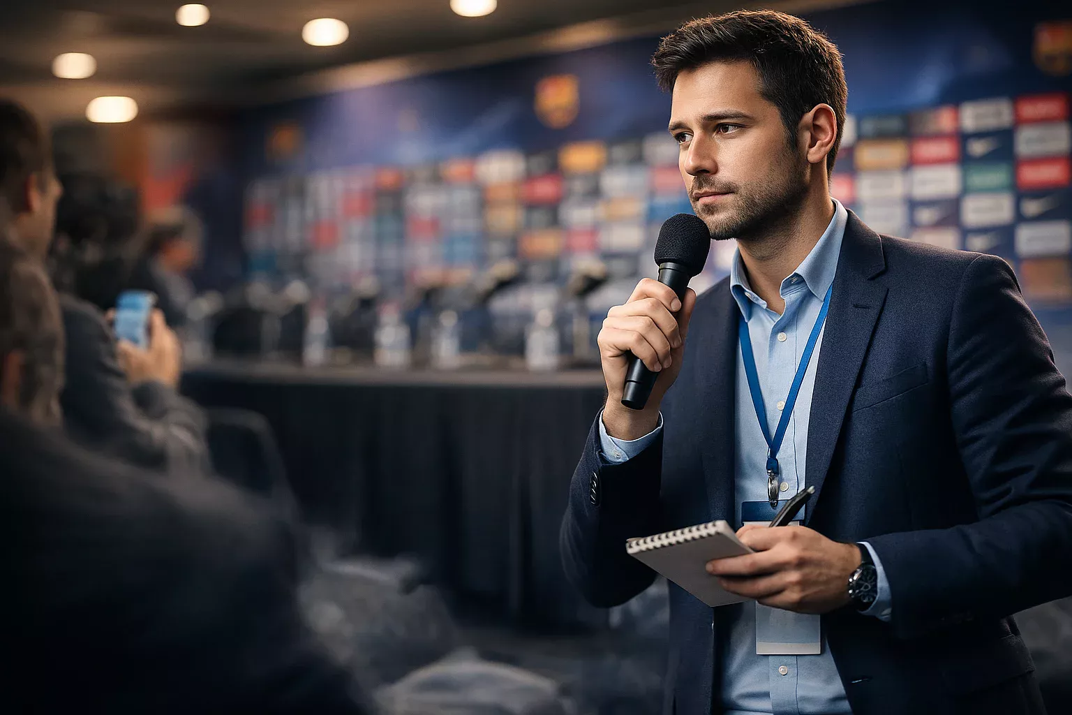 Jornalista desportivo numa conferência de imprensa a recolher informações sobre notícias de equipas