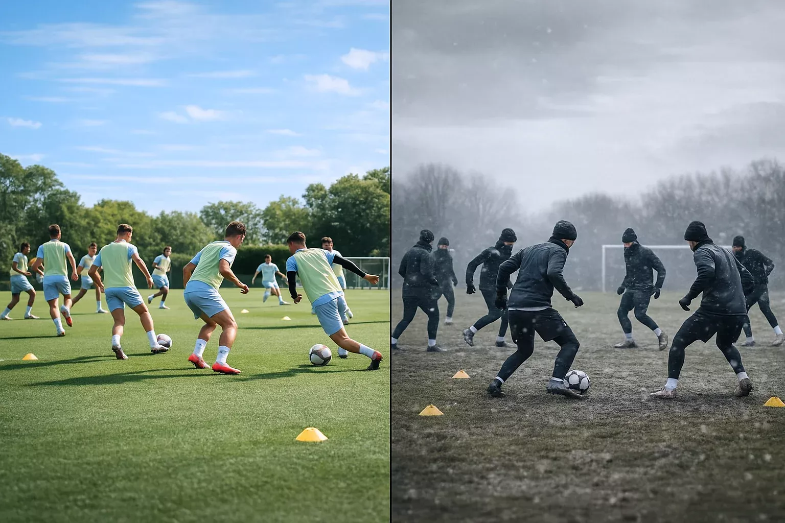 Comparação entre sessões de treino de futebol no verão e no inverno ilustrando as diferentes janelas de transferências