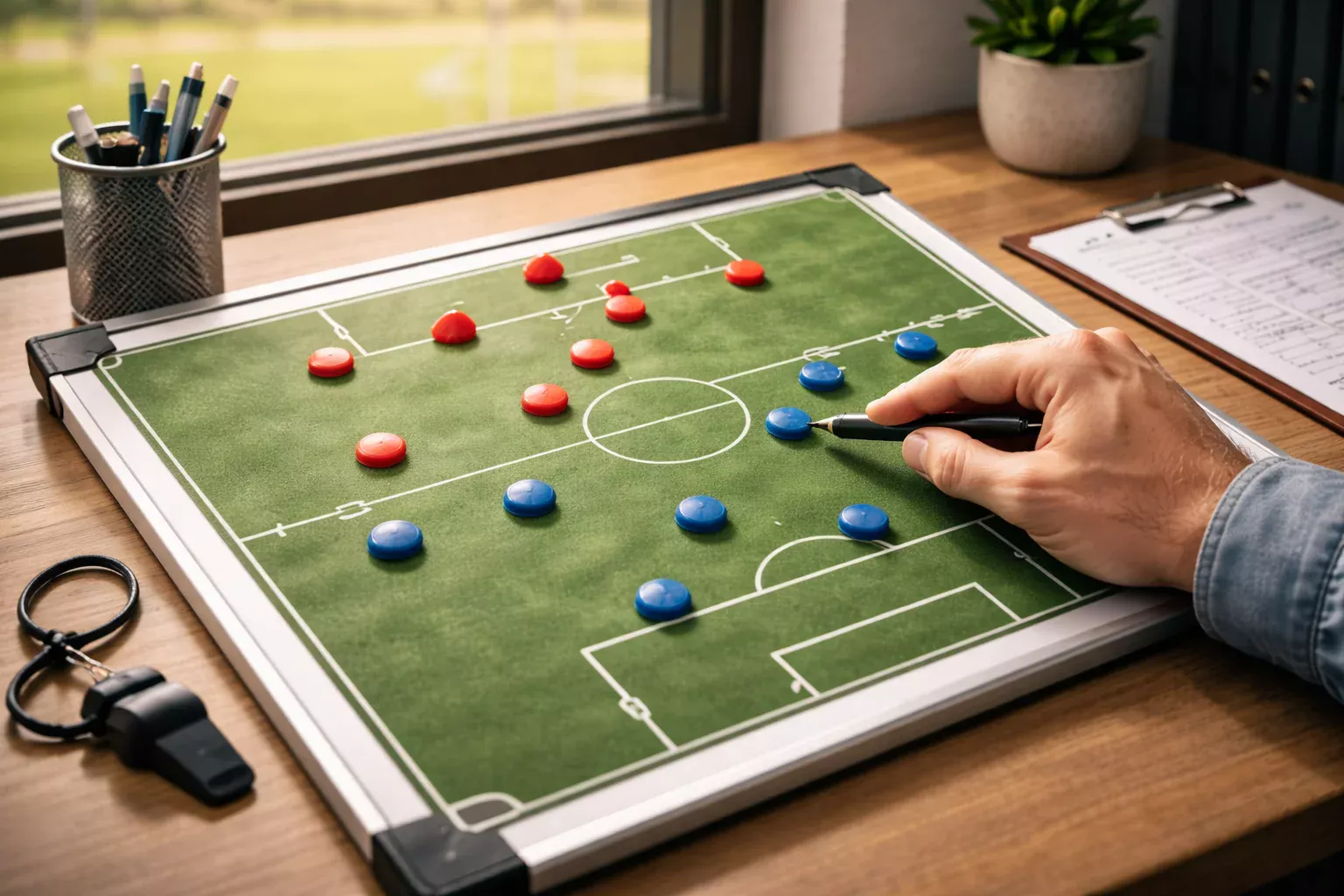 Quadro táctico de futebol com marcadores de jogadores, alguns removidos para representar ausências na equipa