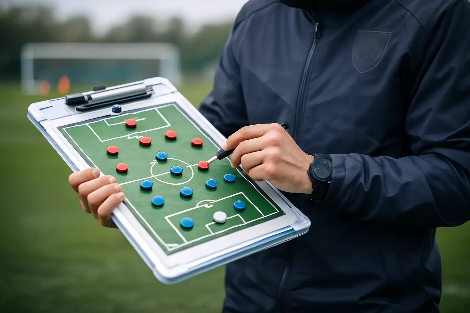 Treinador de futebol profissional a analisar táticas na prancheta durante o treino
