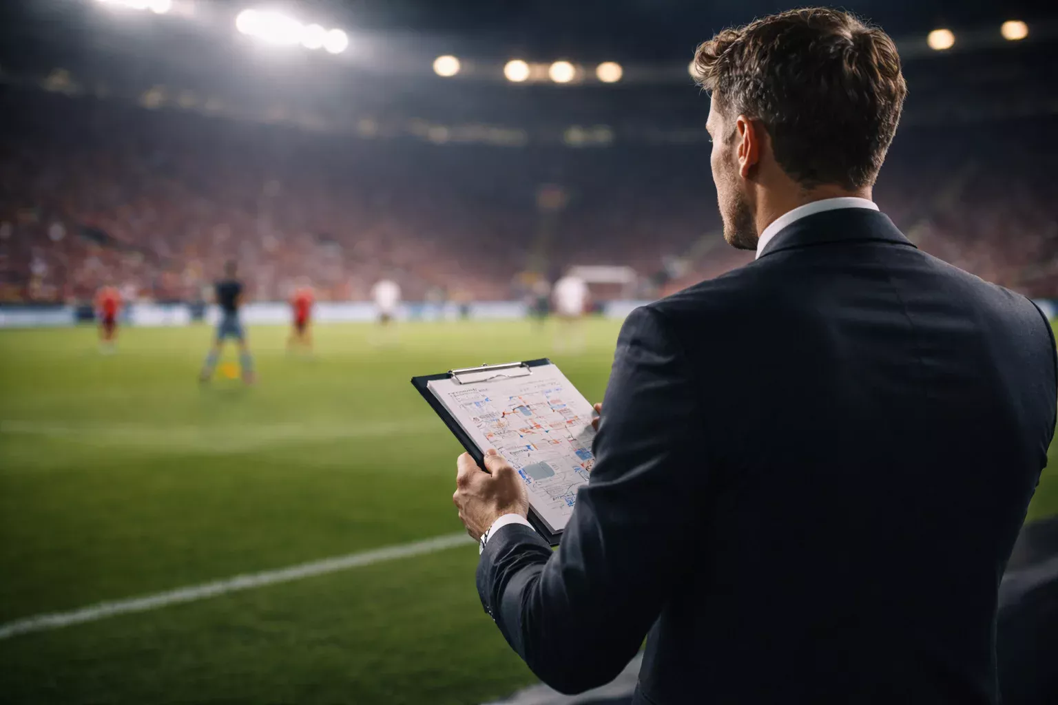 Treinador de futebol na linha lateral do campo a analisar o jogo e planear substituições